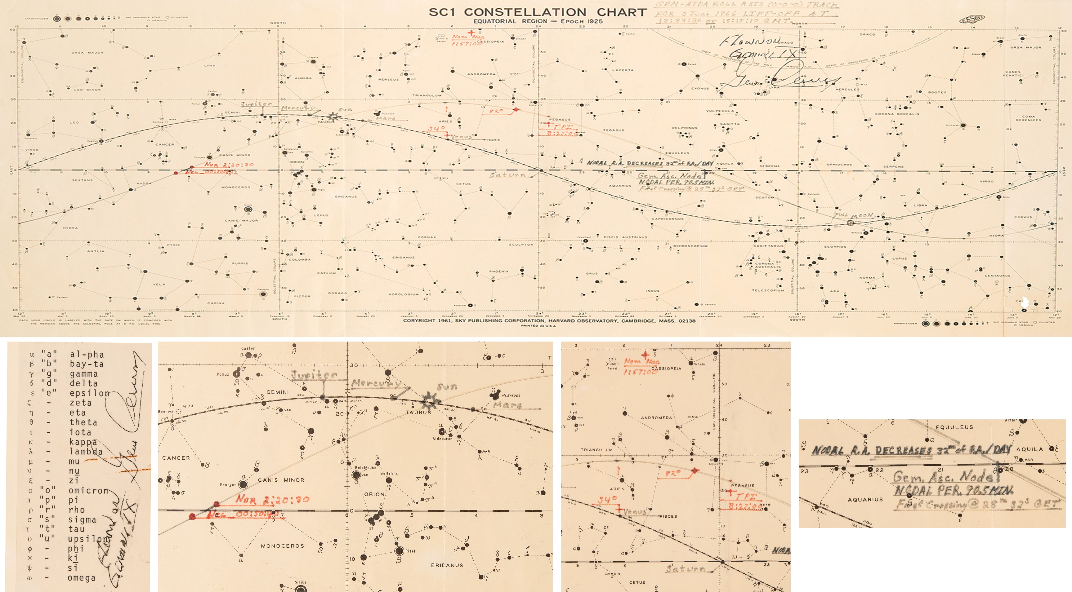 Gene Cernan’s Constellation Chart and Greek Alphabet Cue Card, as annotated and flown on Gemini IX-A